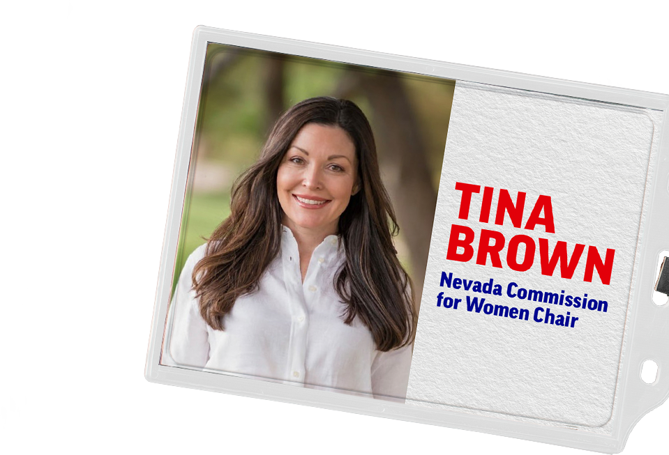 Headshot of Tina Brown in a lanyard card holder