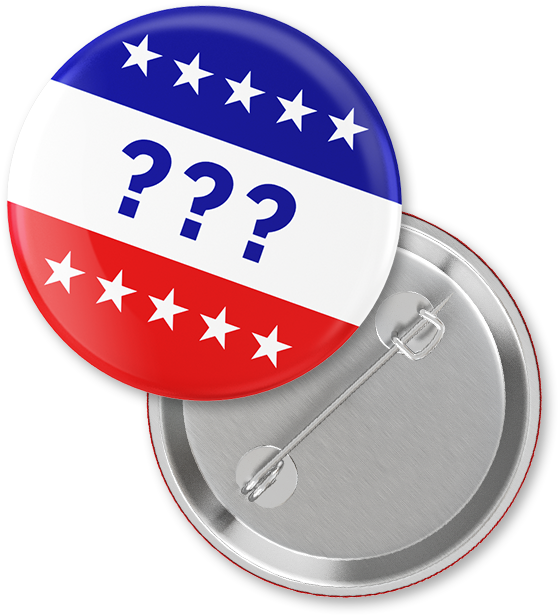 Red, white, and blue pin button with “???” on it